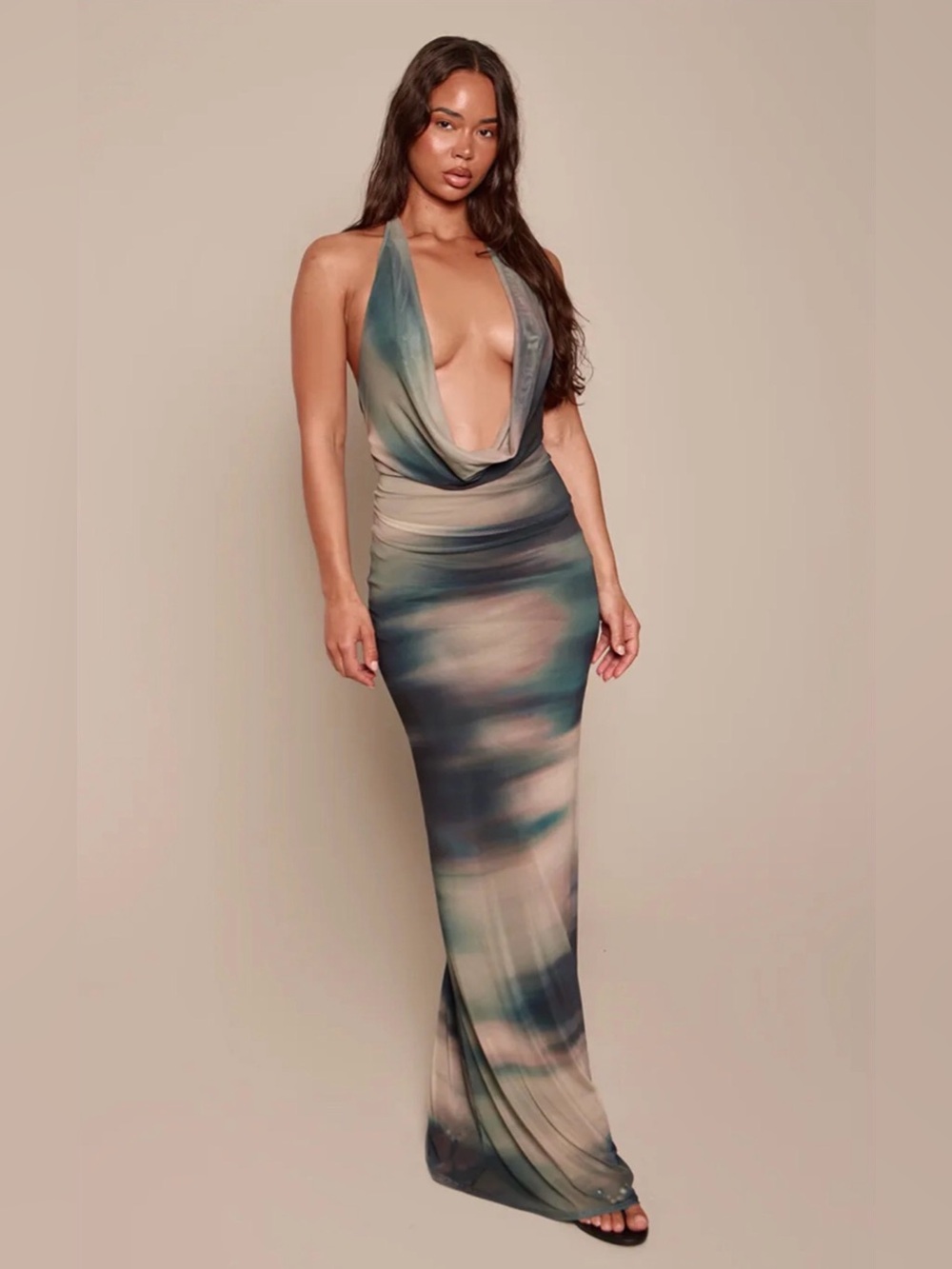 ABSTRACT PRINT MESH COWL NECK MAXI
DRESS